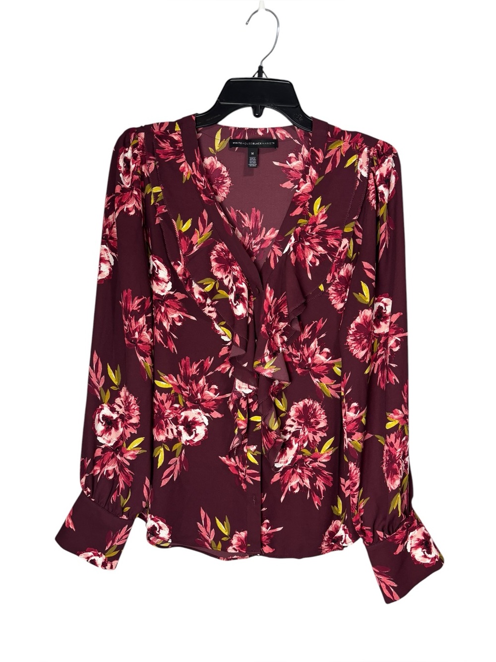 White House Black Market Burgundy Floral Ruffle V-Neck Blouse size medium